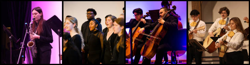 Students in performance and as a group during travels